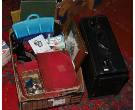 A box of miscellaneous to include enamel badges, horse racing race cards, railway engineering book, briefcase, Playstation 4 