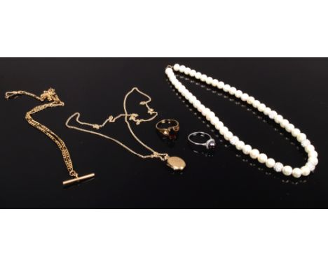 A collection of gold jewellery to include pearl necklace with 9ct gold clasp, white 9ct gold ring, 9ct gold chain with locket