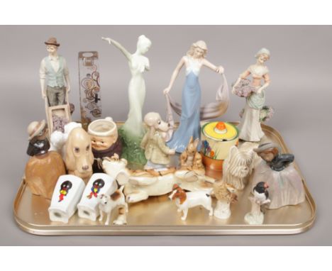 A tray of collectables ceramics and figurines to include Sylvac, Beswick, Royal Dux, Goebel, Leonardo, Clarice Cliff and Coal