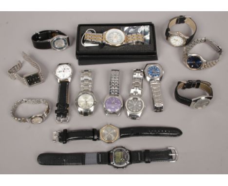 A box of manual and quartz wristwatches to include Casio, Accurist, Sekonda etc.