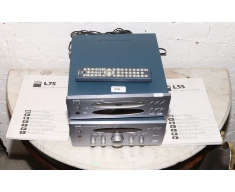 A NAD L75 hifi surround sound amplifier / receiver together with NAD L55 D.V.D / C.D player remote control and relevant owner