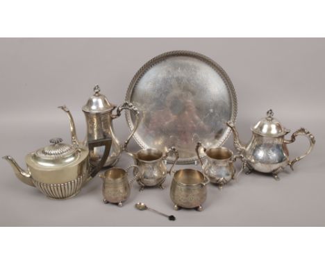 A tray of silver plate to include teapot, coffee pot, milk jug, sugar bowl etc.