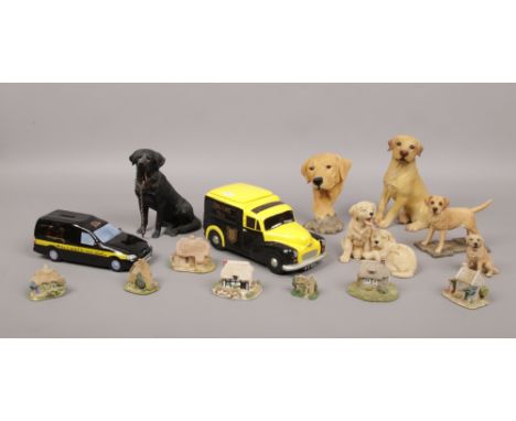 A quantity of collectables including Ringtons novelty tea caddy, composite models of Labradors by the Leonardo collection, Li