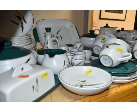 A FIFTY-FOUR DENBY GREENWHEAT DINING SET comprising a rectangular oven dish, a rectangular covered tureen (chip to the rim), 