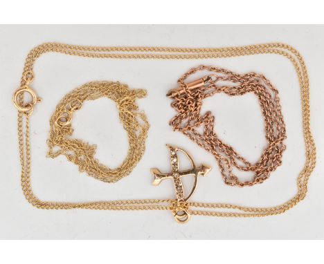 A PENDANT NECKLACE AND TWO CHAINS, to include a bow and arrow pendant set with single cut diamonds, partial 9ct hallmark, sus