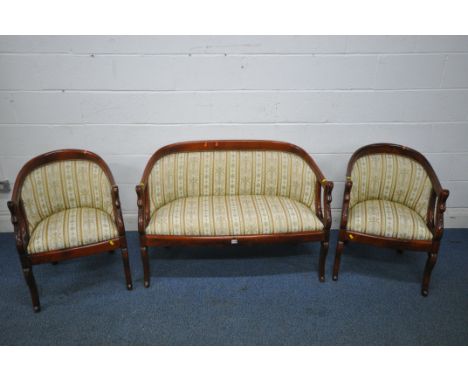 A REPRODUCTION THREE PIECE LOUNGE SUITE, with swan neck armrests, and stripped fabric, comprising a sofa, length 114cm, and a
