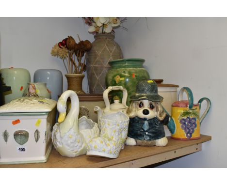 A COLLECTION OF TALL VASES AND MISCELLANEOUS, a large stone affect vase approximately 60cm tall with artificial flowers, gree