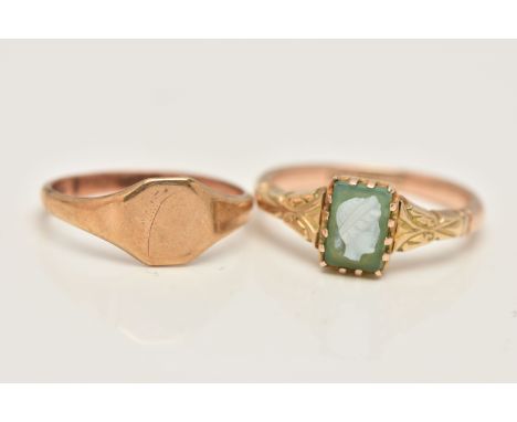 A 9CT GOLD SIGNET RING AND A CAMEO RING, the vacant square signet ring leading onto a polished band, hallmarked 9ct Birmingha