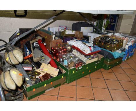 SEVEN BOXES AND LOOSE MISCELLANEOUS HOMEWARE ETC. to include, Christmas decorations, Christmas tree 6.5ft, large quantity of 