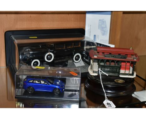 TWO MODEL CARS AND CABLE CAR, comprising a model Jaguar F-Pace in a Perspex case, a Franklin Mint  die-cast model of Al Capon