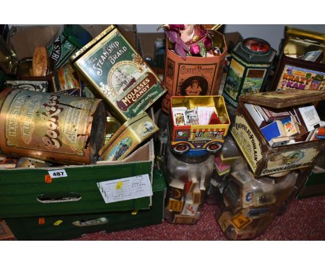 THREE BOXES OF VINTAGE TINS AND A LARGE COLLECTION OF VINTAGE MATCH BOXES, to include Steamship Brand Molasses Candy, Colman'