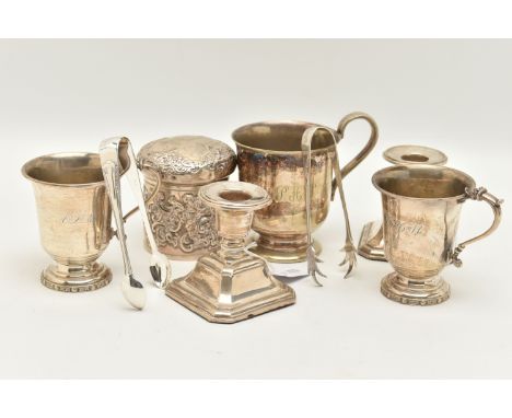 A PARCEL OF SILVER AND SILVER PLATE, comprising a pair of Elizabeth II silver christening mugs of conical form with Celtic de