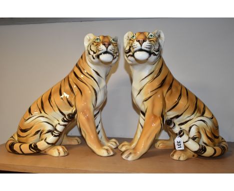 A PAIR OF ITALIAN RONZAN CERAMIC TIGERS, signed to base 'Ronzan, Made in Italy' with no's 1390 and 1391, height 37cm (2) (Con