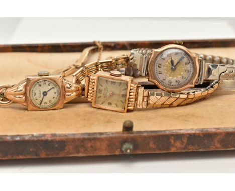 THREE GOLD WATCHES, the first an Audax watch with gold head and rolled gold strap, inner head with 9ct hallmark, clasp stampe