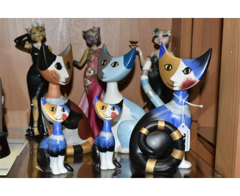 A GROUP OF EIGHT CAT ORNAMENTS, comprising three Goebel figures 'Massimo', 'Serafina', and 'Stella', height 16.5cm, two 'Ange
