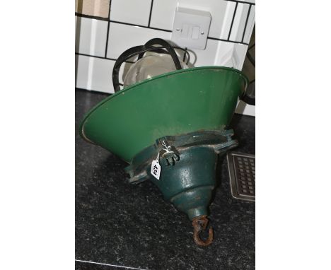 AN INDUSTRIAL ENAMEL PENDANT LAMP, painted green enamel shade and cast iron frame, appears complete with bolts (1) (Condition