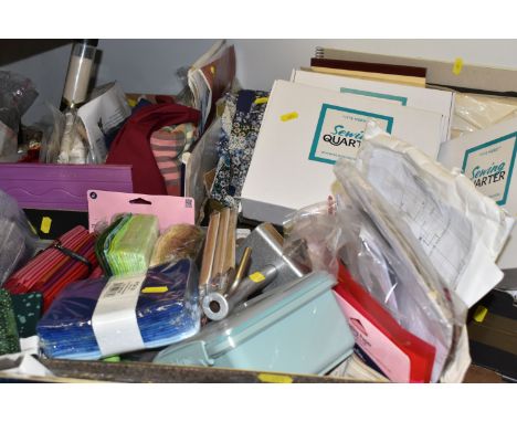 FOUR BOXES OF CRAFT SUPPLIES, to include approximately 14 packs of fat quarters varies colours and patterns, sketch pads, app
