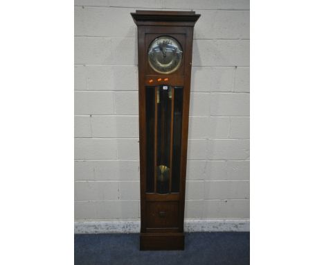 A 20TH CENTURY OAK LONGCASE CLOCK, the trunk door enclosing a brass 10.5 inch dial, depicting Arabic numerals, height 210cm (