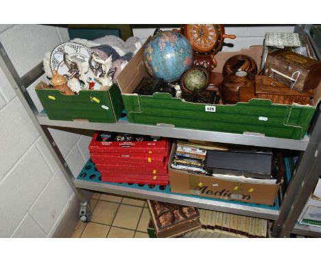 FIVE BOXES OF MISCELLANEOUS SUNDRIES, TREEN AND BOOKS, to include a wooden tea caddy with two lidded sections, a wooden Churc