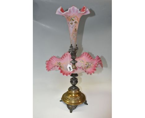 A VICTORIAN WMF PINK SATIN GLASS EPERGNE, a 19th century  circular table centrepiece epergne, silver plate foliate design sta