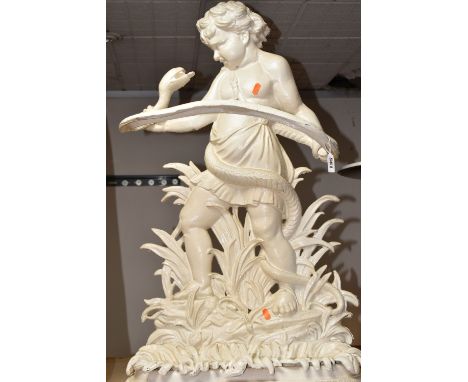 19TH CENTURY CAST IRON STICK STAND, representing Hercules as an infant holding a serpent, painted in antique white height 82c
