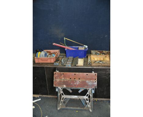 THREE TRAYS AND TOOLBOXES CONTAINING HAND AND POWER TOOLS including a vintage Makita jigsaw, a Black and Decker heat gun, a P