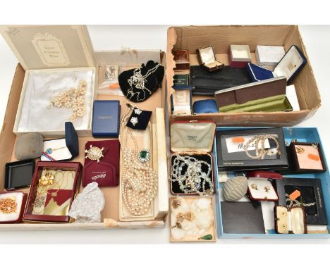 A BOX OF ASSORTED JEWELLERY, to include a pair of white metal, marcasite and imitation pearl screw back earrings, stamped sil