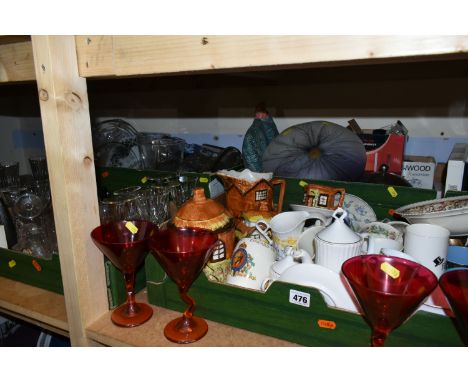 FOUR BOXES OF CERAMICS AND GLASS, to include two vintage Blackpool souvenir glass paperweights, a group of Cottage Ware, four