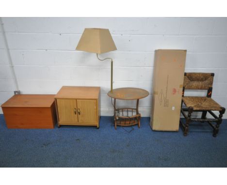 AN OAK CHAIR WITH RUSH BACK AND SEAT, a brand new in box mirror jewellery cabinet, a magazine table / lamp, a small double do