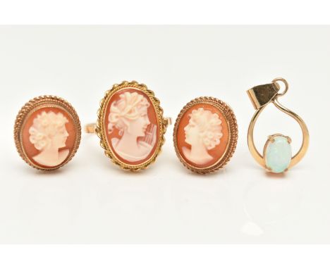 A YELLOW METAL CAMEO RING, A PAIR OF 9CT GOLD CAMEO EARRINGS AND A YELLOW METAL OPAL PENDANT, the ring of an oval form, set w