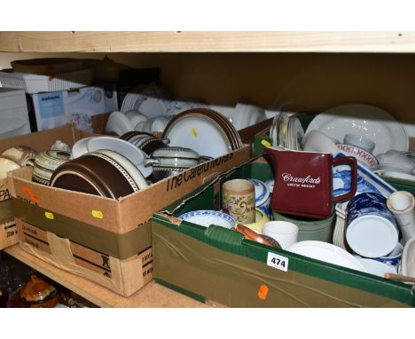 FIVE BOXES OF CERAMICS, to include a large quantity of Denby 'Rondo' pattern dinnerware, two boxed Sabichi twelve piece dinne