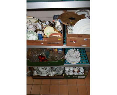 FIVE BOXES OF ASSORTED CERAMICS AND GLASSWARE to include a Copeland Spode Chinese Rose sauce dish, two Carlton Ware leaf shap