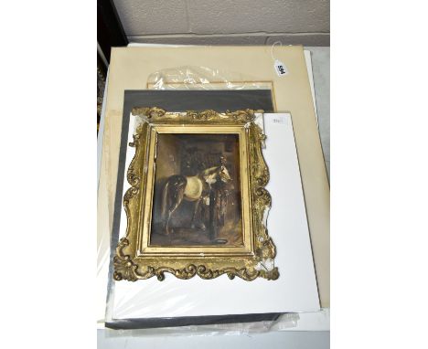 A SMALL SELECTION OF PAINTINGS AND PRINTS ETC, to include original illustrations in the style of John Nunney, an ink sketch o