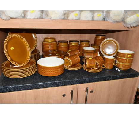 A FIFTY-FIVE PIECE HORNSEA SAFFRON DINNER SERVICE AND KITCHENWARE comprising a coffee, tea (underside of the lid has a part m