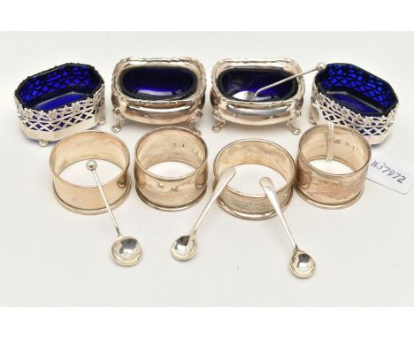 ASSORTED SILVER NAPKIN RINGS AND SALTS, to include a pair of polished napkin rings, hallmarked 'Barrowclift Silvercraft' Birm