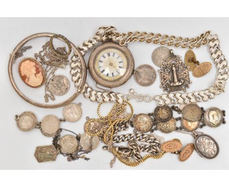 ASSORTED SILVER AND WHITE METAL JEWELLERY, to include a silver hinged bangle, fitted with a push button clasp with additional
