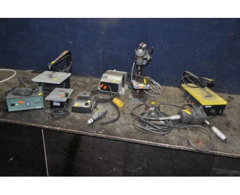 A COLLECTION OF MINICRAFT AND MINIATURE POWER TOOLS including Micro pillar drill and Palmgren machine vice (110v), a Dremel M
