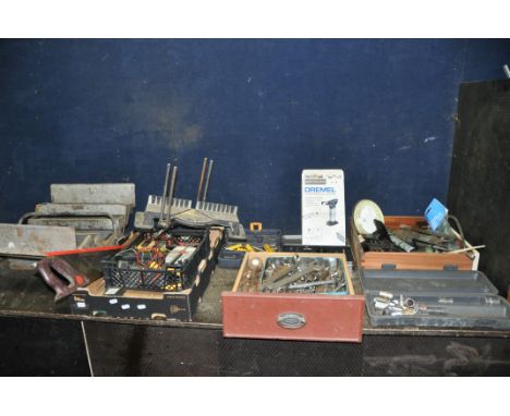 THREE TRAYS AND A TOOLBOX CONTAINING AUTOMOTIVE AND OTHER TOOLS including a Dremel Versaflame, meters by Fluke, LEM, Robins e