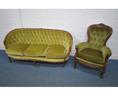 A REPRODUCTION ITALIAN STYLE THREE SEATER SOFA, with an arched back, length 180cm, and a reproduction spoon back chair (condi