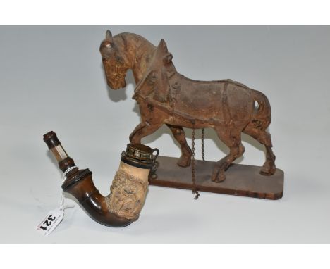 A MEERSCHAUM PIPE AND A FIGURE OF A HORSE, the meerschaum pipe carved with a running dog, with brass cover and mother of pear