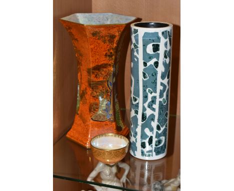 THREE PIECES OF CERAMICS, comprising an Arthur George Harley Jones 'Wilton Ware' lustre vase, of hexagonal form, decorated wi