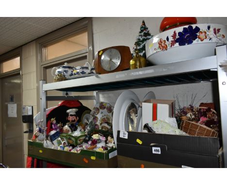 THREE BOXES AND LOOSE CERAMIC ORNAMENTS AND MISCELLANOUS ITEMS to include a West Mercedes racing jacket, a wool felt Coca-Col