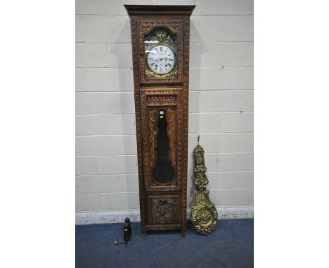 A 20TH CENTURY FRENCH OAK LONGCASE CLOCK, the glass door enclosing a brass and enamel dial, depicting Roman numerals, signed 