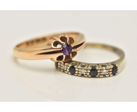 TWO GOLD GEM SET RINGS, the first an 18ct gold ring designed with a central claw set circular amethyst, 18ct hallmark, ring s