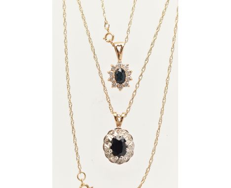 TWO CLUSTER PENDANTS AND CHAINS, the first of an oval form set with a central oval cut deep blue sapphire, in a six claw sett