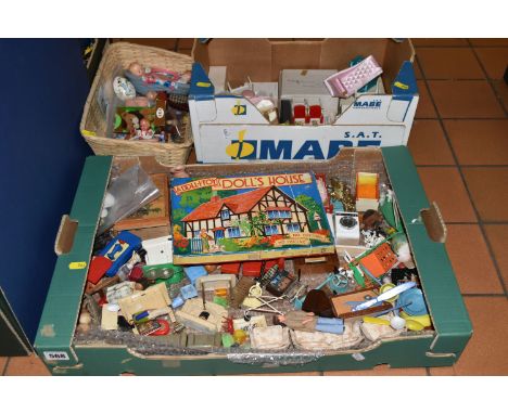 TWO BOXES AND LOOSE VINTAGE DOLLS HOUSE AND ACCESSORIES to include a boxed dolls house by Dollitoy, made in England, made of 