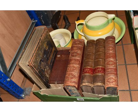 A BOX OF MAINLY NINETEENTH CENTURY BOOKS AND VINTAGE WASH/VANITY SET to include The Life and Explorations of Dr Livingstone (