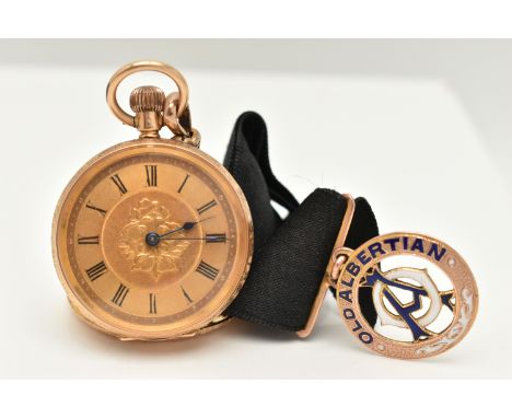A YELLOW METAL OPEN FACE POCKET WATCH WITH FOB RIBBON, manual wound, open face pocket watch, gold floral detailed dial with R