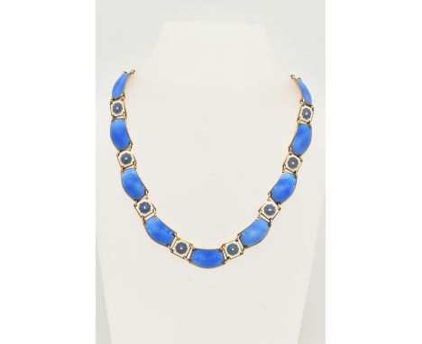 A NORWEGIAN 'DAVID ANDERSEN' NECKLACE, a gilt necklace, comprising blue guilloche enamel panels, interspaced with blue, white