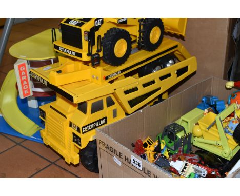 ONE BOX AND LOOSE CHILDREN'S TOYS, to include two large Caterpillar trucks, a boxed 'Newbrite' radio controlled Velocity raci